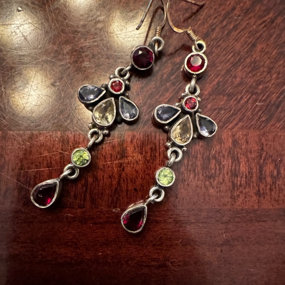 Vintage Sterling 925 Silver and Multicolor Gemstone Earrings